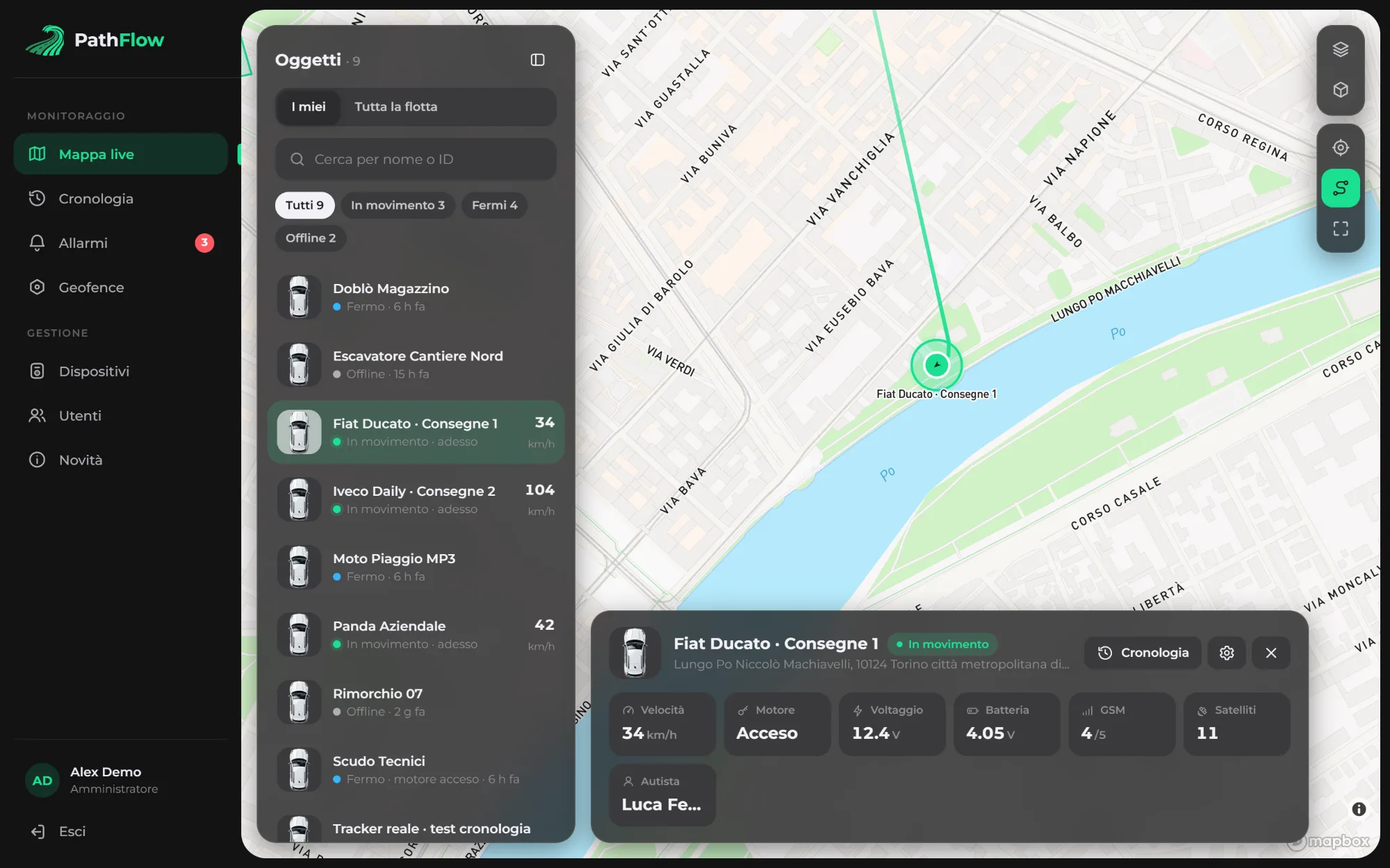 La mappa live di PathFlow con i veicoli di una flotta e il dettaglio di un furgone in movimento